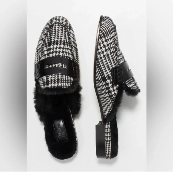J.Crew Academy Loafer Mule with Faux Fur Lining Black/ Ivory Plaid Fabric - Picture 1 of 9